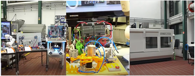 圖為德國TU9達姆施塔特工業大學實驗室——工業4.0轉型區域，微型的機器人臂，人機的機器人臂，微型的生產線和一系列的工業操作系統、3D打印機的產品。